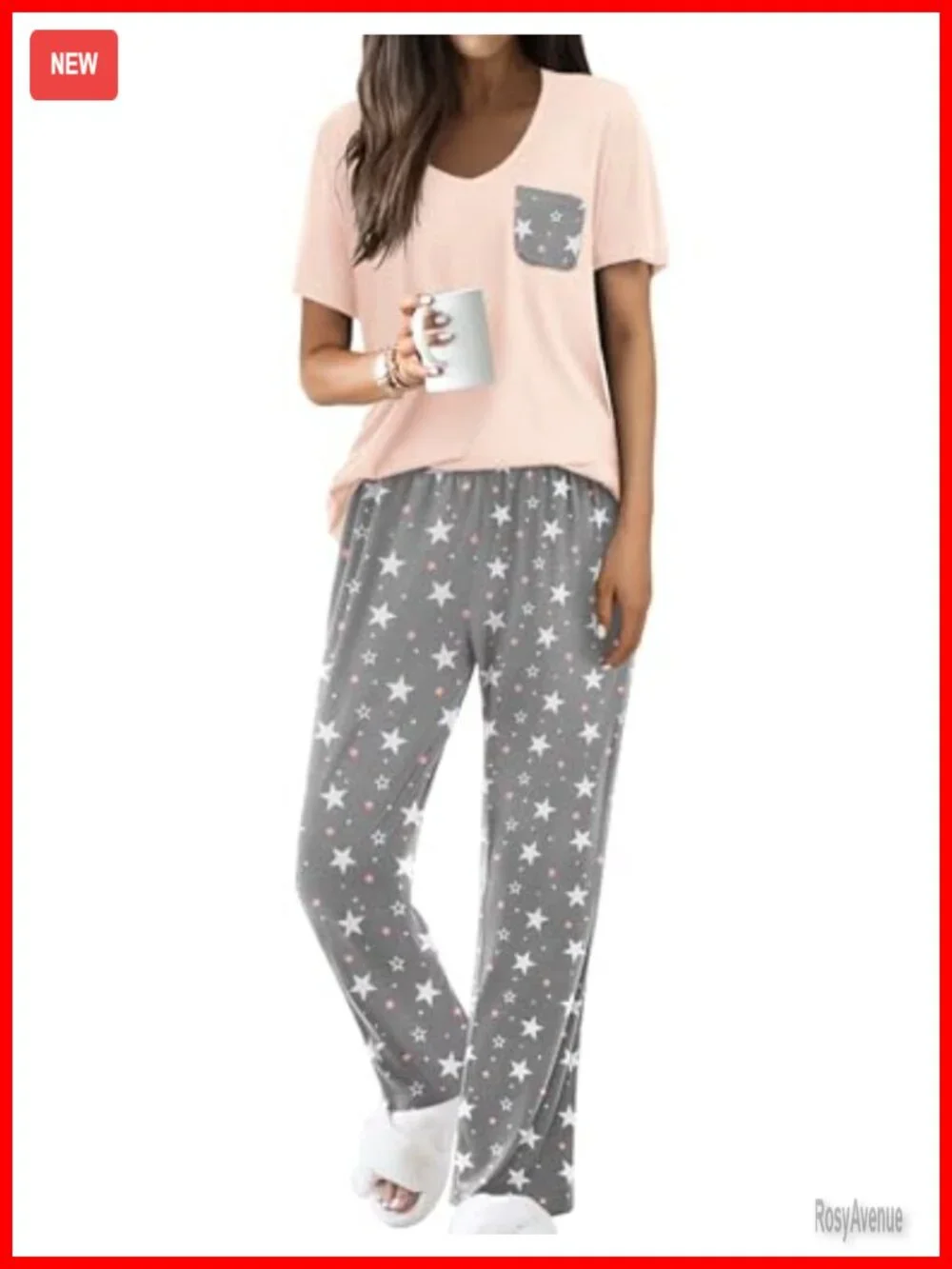 Women's 2 Piece Short Sleeve Pajama Set V Neck Chest Pocket